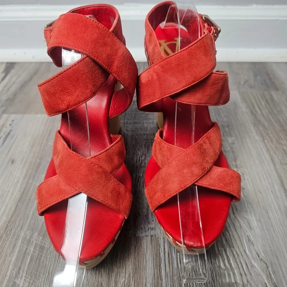 VC Signature Lene Wedge Sandals Women 8.5 Red Suede Wood Platform 70s Boho